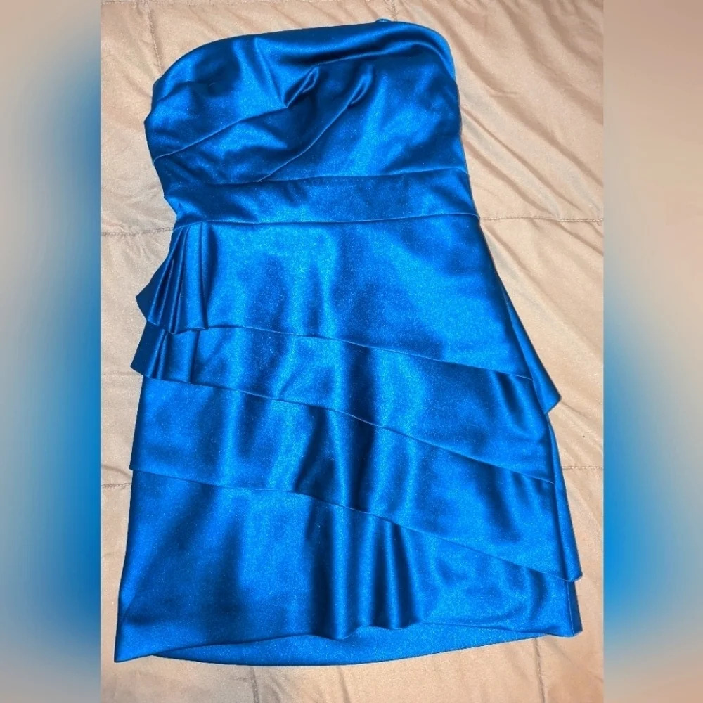 Max & Cleo Blue Strapless Satin Tiered Cocktail Dress - Picture 2 of 5
